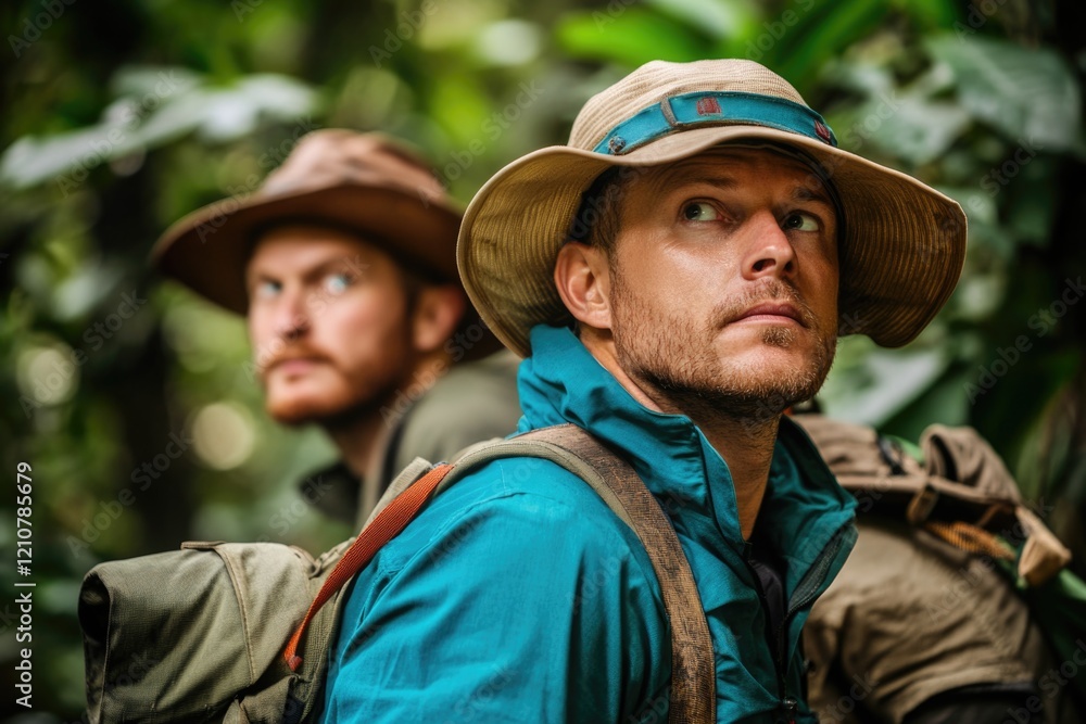 Caucasian male adventurers exploring jungle in wide-brim hats and outdoor gear Caucasian male adventurers exploring jungle in wide-brim hats and outdoor gear