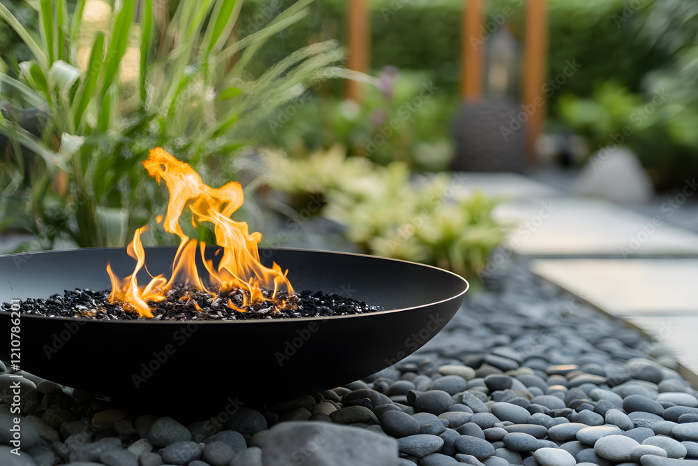 A modern fire bowl with flames burning in the backyard of an elegant home garden A modern fire bowl with flames burning in the backyard of an elegant home garden