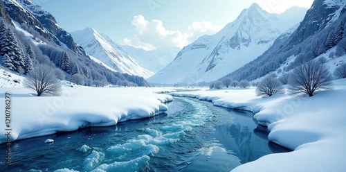 Frosty landscape with icy river flowing through a snow-covered valley, winter wonderland, mountain backdrop photo