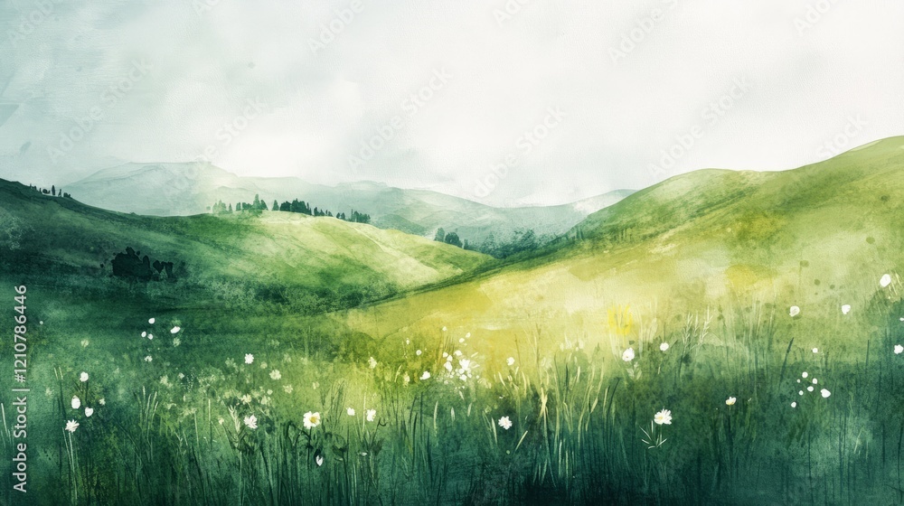 Obraz premium minimalist landscape of green hills and wildflowers, watercolor technique, soft textures, light and airy atmosphere
