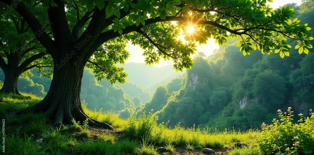 Obraz premium A soft breeze stirs the leaves of ancient trees in a secluded valley, leaves, ancient