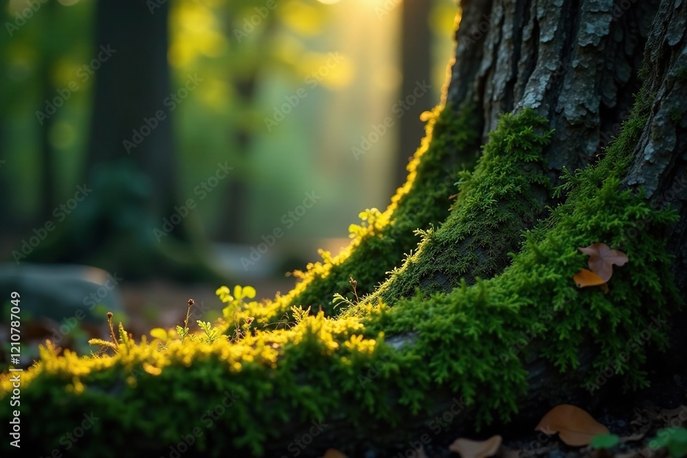 Moss-covered tree trunk aglow with soft light, rugged, tree trunk Moss-covered tree trunk aglow with soft light, rugged, tree trunk