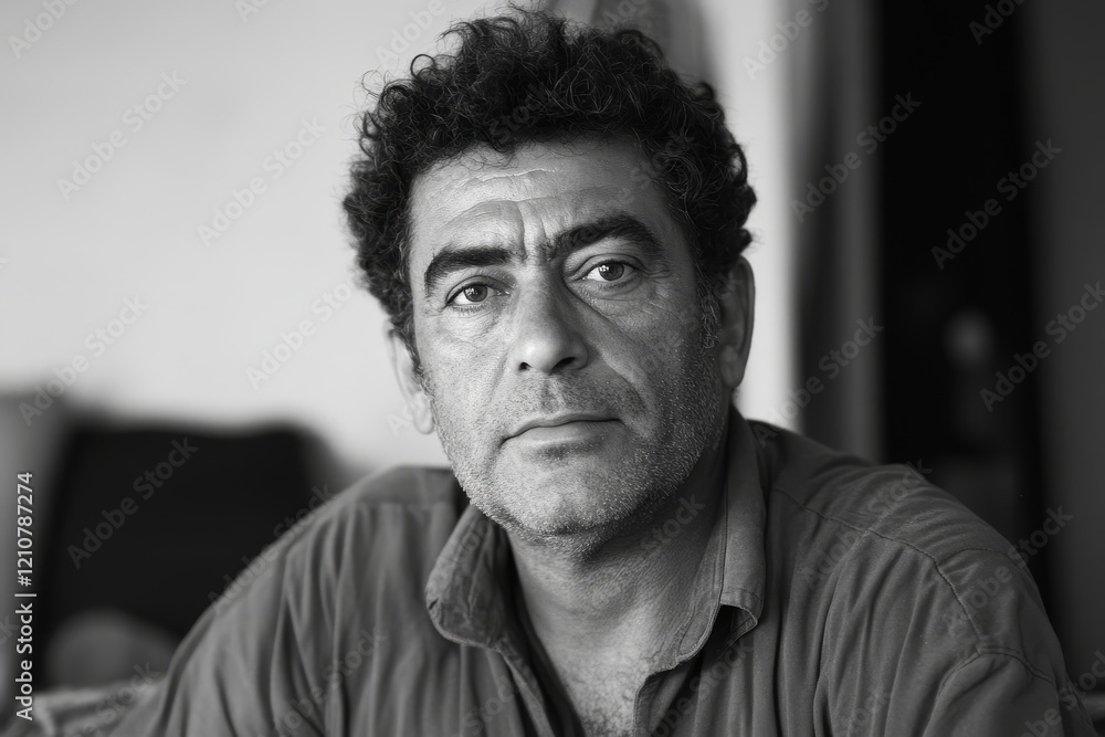 A black-and-white portrait of a middle-aged man with curly hair. He is wearing casual , and the setting appears to be in his living room. A black-and-white portrait of a middle-aged man with curly hair. He is wearing casual , and the setting appears to be in his living room.