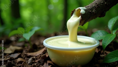 Fresh milky latex flows from a para tree stem into a plastic bowl on the forest floor, Fresh Sap, Natural Resource photo