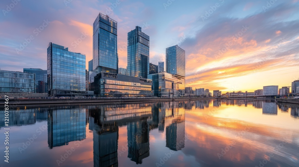 Fototapeta premium Modern city skyline with reflective glass buildings at sunrise, peaceful and inviting, highly detailed, calm and urban, vibrant and advanced, modern and beautiful atmosphere