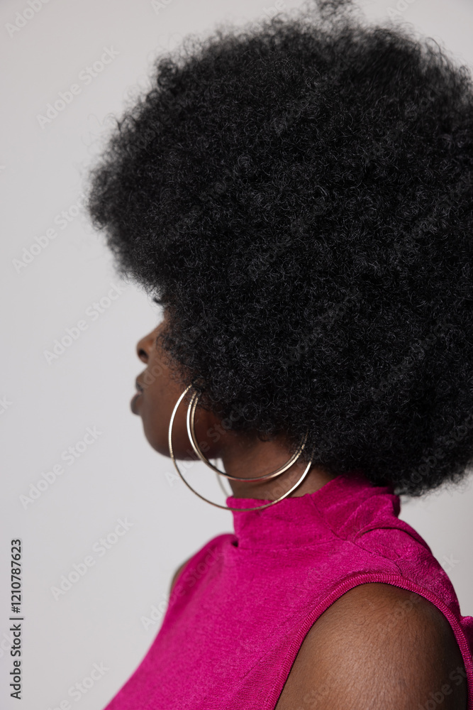 Side portrait of stylish and pretty African American woman with afro hair posing indoor. Vertical. Side portrait of stylish and pretty African American woman with afro hair posing indoor. Vertical.