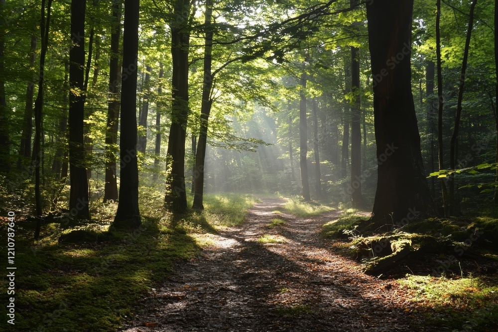 Obraz premium A forest path leading through tall trees, with sunlight filtering down from the canopy and creating dappled light on the ground.