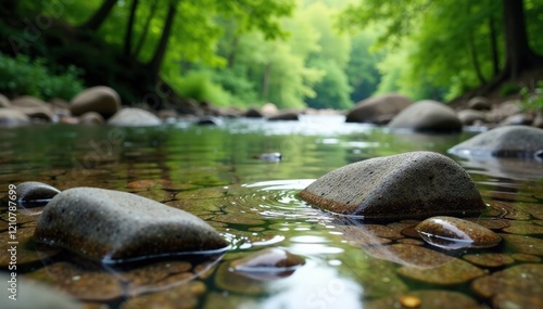 Fototapeta Naklejka Na Ścianę i Meble -  River stones submerged in shallow San river valley, nature, water, Bieszczady