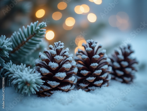 Snow-covered pine cones nestled among spruce branches photo