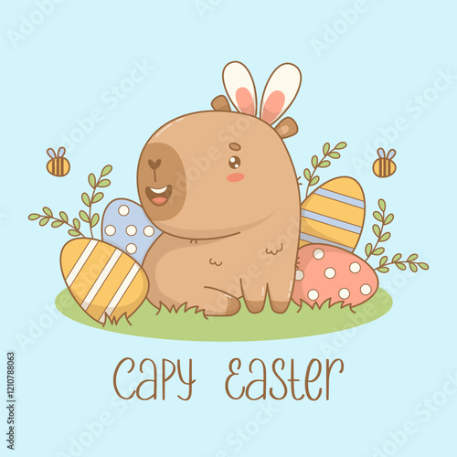 Happy Easter Capybara in bunny ears in grass with decorative paschal egg. Cute cartoon kawaii character animal. Vector illustration. Holiday cool card. Kids collection