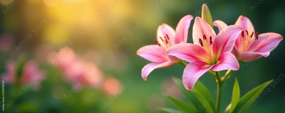 Fototapeta premium Delicate pink lily blooms in a serene garden background, serene, lilies