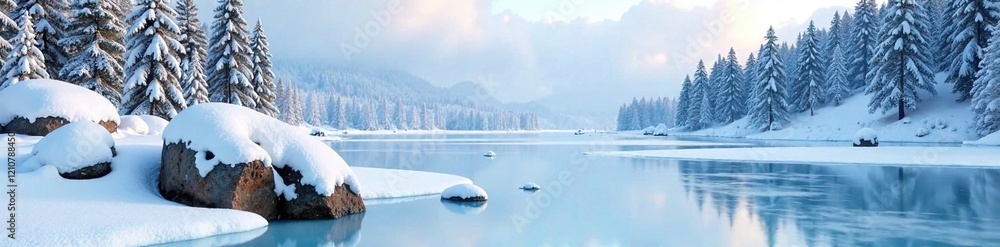 Snow-covered boulders and trees against the backdrop of a frozen lake, natural, boulder Snow-covered boulders and trees against the backdrop of a frozen lake, natural, boulder