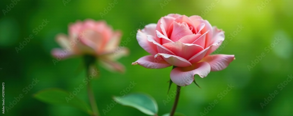 Delicate pink rose in full bloom against a serene green background, plant, botanical, blooming Delicate pink rose in full bloom against a serene green background, plant, botanical, blooming
