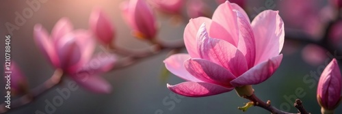 Pink magnolia petals cascade down a curved stem like delicate silk drapes, stem, petals