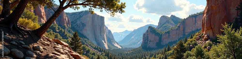 Obraz premium Branches stretch towards sky around granite rocks, Canyon, Sky, Trees