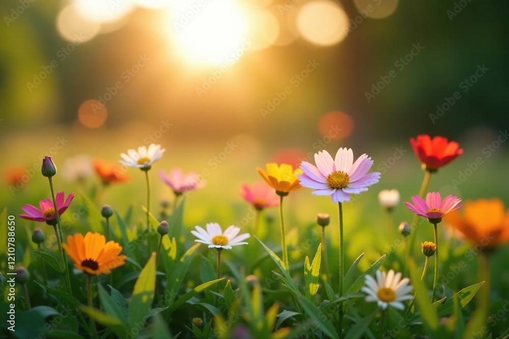 Fototapeta premium Softly focused wildflowers in a serene meadow at dawn, wildflowers, sunrise