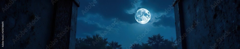 Fototapeta premium Cobweb-patterned walls with a full moon hanging low in the sky, full moon, night sky