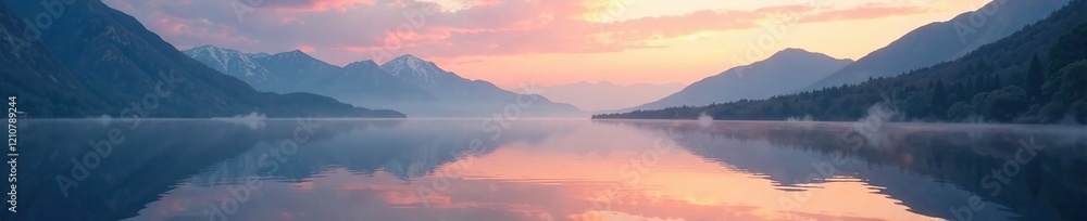 Misty dawn over the serene lake with reflected mountains, lake, foam Misty dawn over the serene lake with reflected mountains, lake, foam