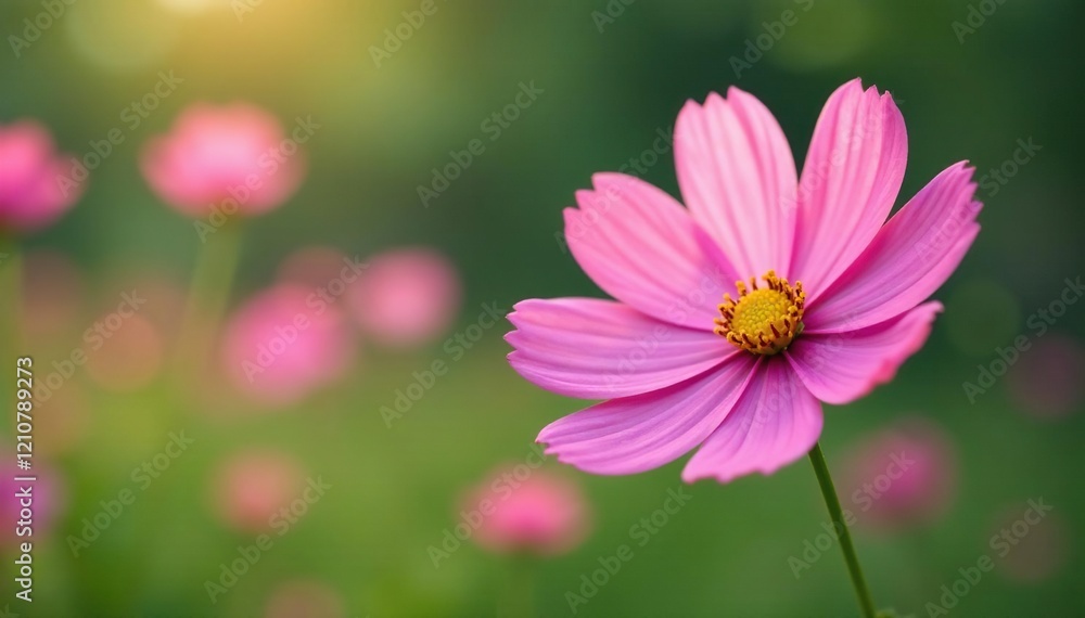 Pink cosmos flowers swaying gently in the breeze, gentle, leafy Pink cosmos flowers swaying gently in the breeze, gentle, leafy