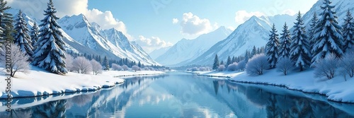 Wallpaper Mural Frozen river landscape with snow-covered mountains and pine trees, snow clouds, snowflakes, frosty atmosphere Torontodigital.ca