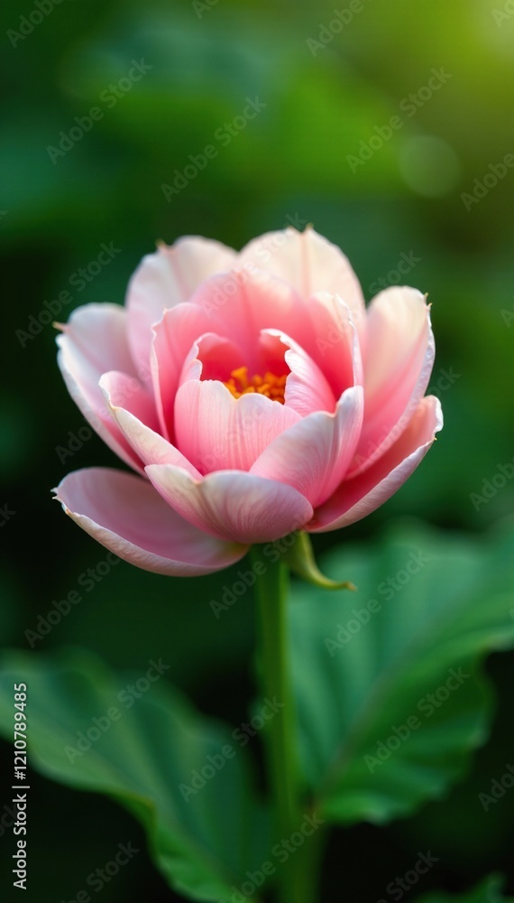 Fototapeta premium Delicate flower bloom unfurls petals fully open, greenery, closeup
