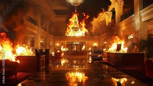 Dramatic Hotel Lobby Fire with Intense Flames and Reflections