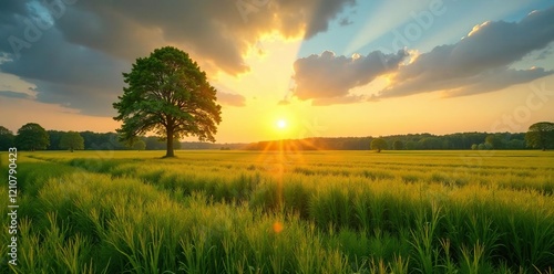 Sonnenaufgang ?ber Wiesenfl?chen mit Teleobjektiv, gr?n, teleobjektiv photo