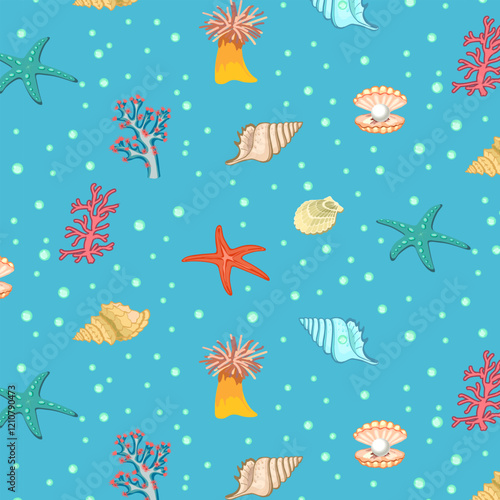 Pattern with sea shellfish.Shells, corals, mollusks on a colored background in a vector illustration.