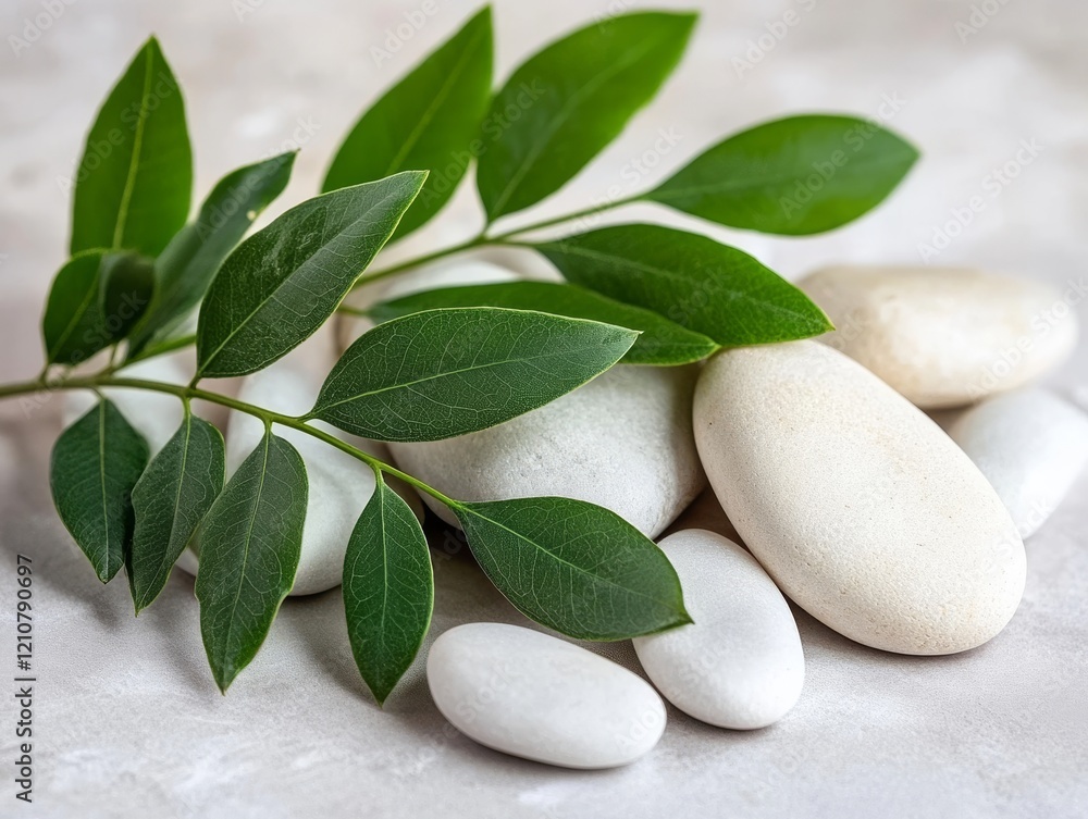 Tranquility and Balance: A sprig of vibrant green leaves rests atop smooth white stones, creating a visually serene and balanced composition that evokes feelings of peace and rejuvenation. Tranquility and Balance: A sprig of vibrant green leaves rests atop smooth white stones, creating a visually serene and balanced composition that evokes feelings of peace and rejuvenation.