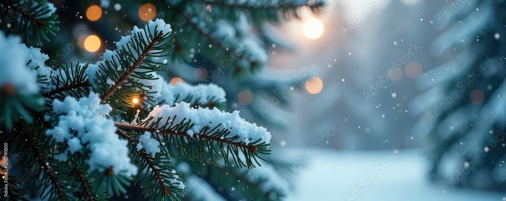 Frosty spruce branches with delicate snowflakes and twinkling lights, winter, forest, serene Frosty spruce branches with delicate snowflakes and twinkling lights, winter, forest, serene