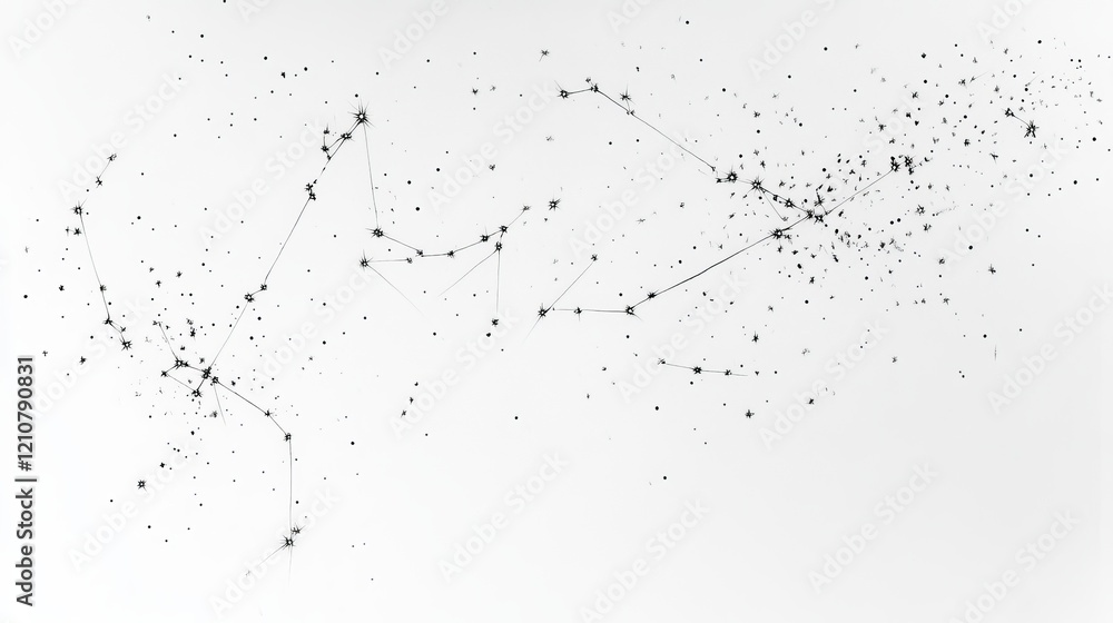 Fototapeta premium night sky, pencil sketch, top view, white background, delicate stars and constellations, artistic and minimal.