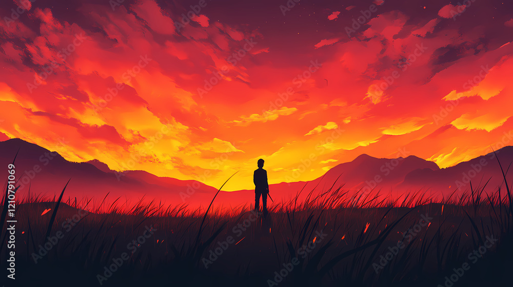 Fototapeta premium Silhouette in a field at sunrise with fiery sky. Fiery Sky. Illustration