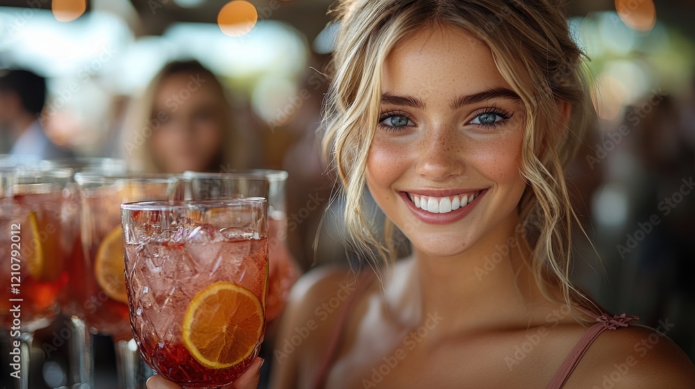 Smiling young woman enjoying a refreshing drink at a lively outdoor gathering during a sunny afternoon Smiling young woman enjoying a refreshing drink at a lively outdoor gathering during a sunny afternoon