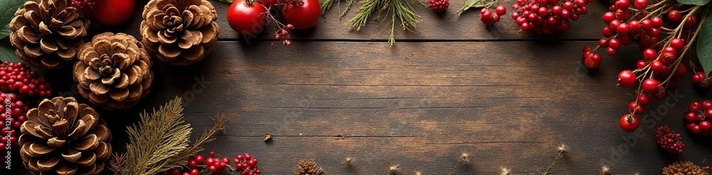 Flat lay of pinecones, red berries, and dried flowers on a wooden platter, platter, berries Flat lay of pinecones, red berries, and dried flowers on a wooden platter, platter, berries