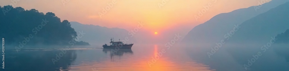 Foggy morning on the sea with a small boat in the distance, dawn, boat, landscape Foggy morning on the sea with a small boat in the distance, dawn, boat, landscape