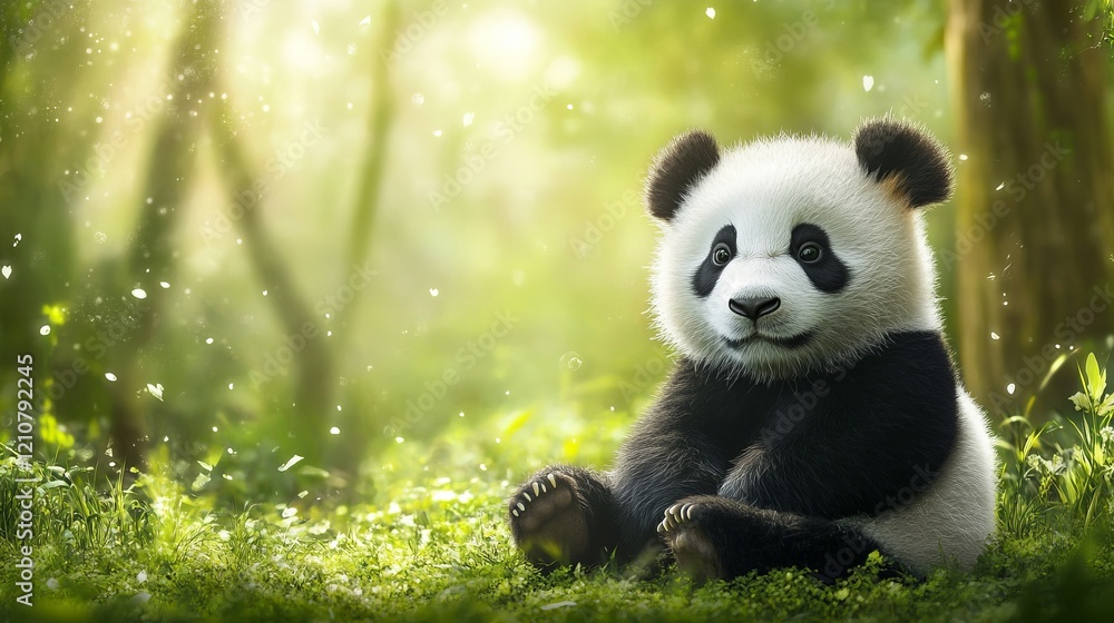 Panda bear sitting calmly, soft fur, black and white, peaceful and natural, gentle and playful atmosphere, forest background Panda bear sitting calmly, soft fur, black and white, peaceful and natural, gentle and playful atmosphere, forest background