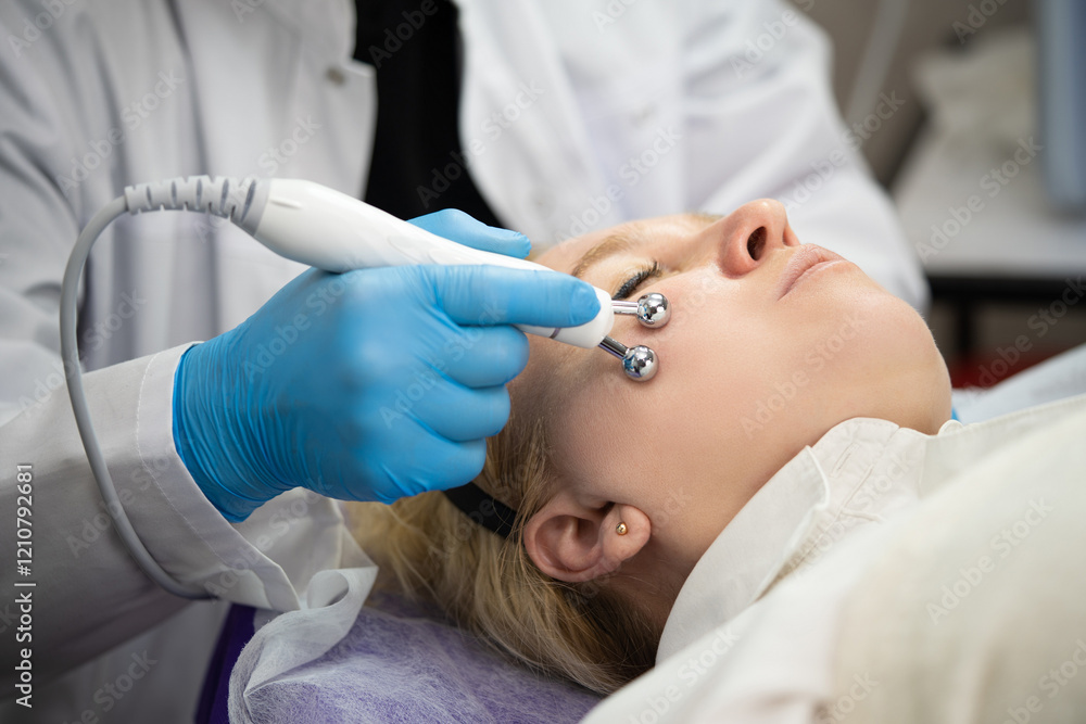 Naklejka premium close-up of a girl's face at a cosmetologist during treatment procedures