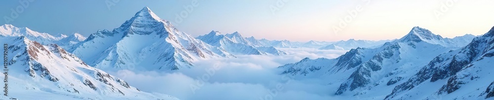 Snowy mountain range with peaks and valleys covered in frosty mist, winter, peaceful Snowy mountain range with peaks and valleys covered in frosty mist, winter, peaceful