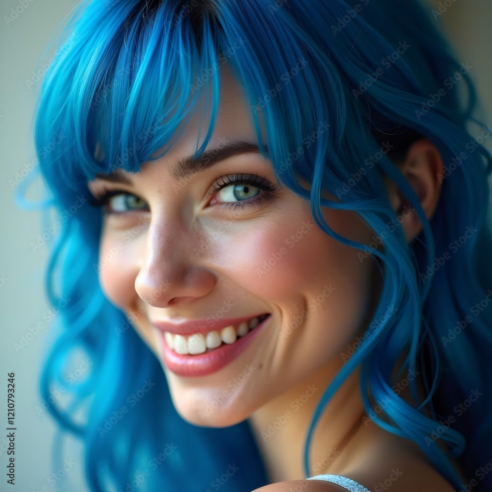 Person with vibrant blue hair styled in loose waves against a neutral background Person with vibrant blue hair styled in loose waves against a neutral background