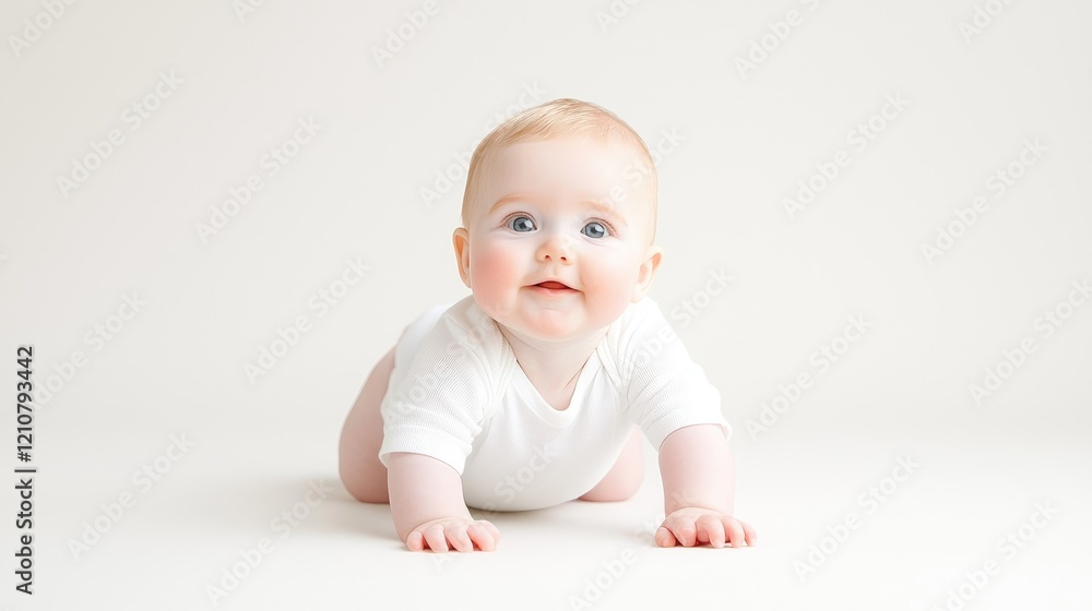 Happy baby crawling on white background, studio shot. Ideal for baby product ads Happy baby crawling on white background, studio shot. Ideal for baby product ads