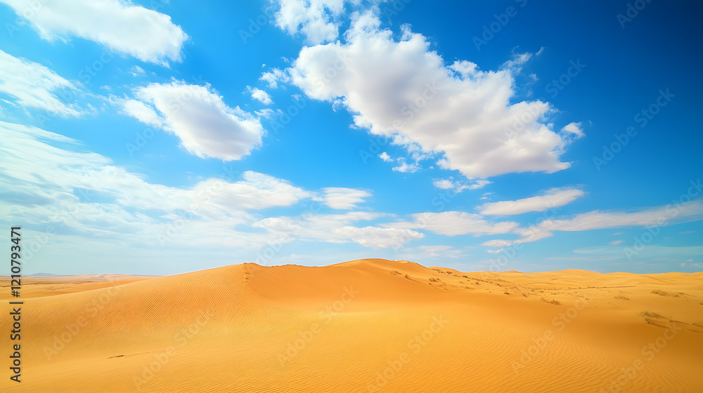 Naklejka premium A vast, flat desert landscape under the blue sky with beautiful white clouds
