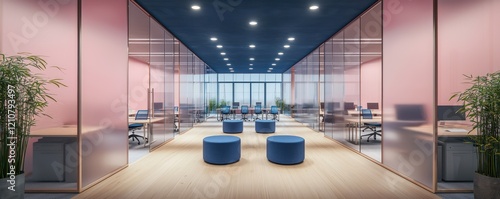 A contemporary office layout with frosted pink glass walls, light oak wooden flooring, and a midnight blue ceiling