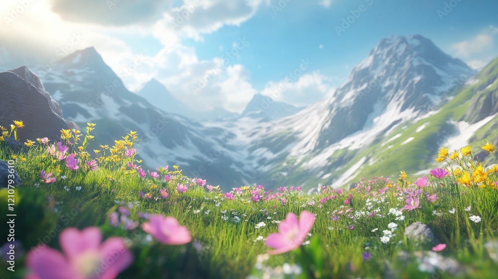 Obraz premium picturesque mountain landscape with blooming flowers in the foreground, high detail, serene and vivid, natural and calming, bright and inspiring scenery