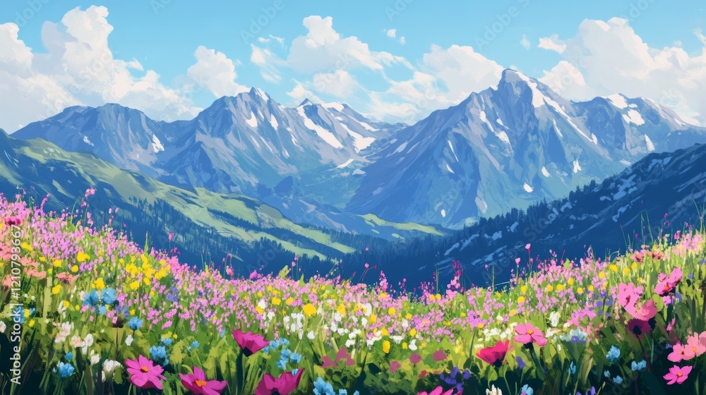 Fototapeta premium picturesque mountain landscape with blooming flowers in the foreground, high detail, serene and vivid, natural and calming, bright and inspiring scenery