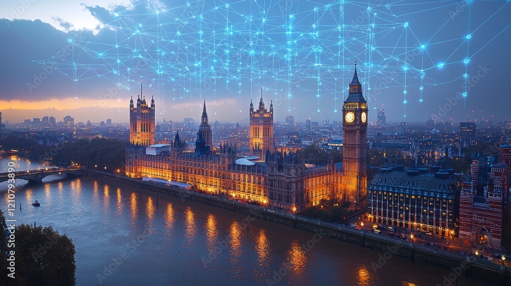 London cityscape at twilight with digital network overlay.