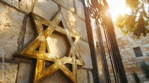 Golden Star of David on Historic Stone Wall at Sunset for Cultural and Religious Significance : Generative AI photo