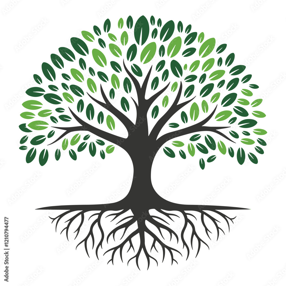 Fototapeta premium Green tree vector illustration featuring lush leaves and visible roots.