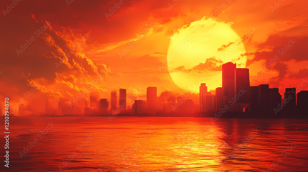 Fototapeta premium A fiery sun descends upon a city skyline as a fiery sky blankets the water below. Fiery Sky. Illustration