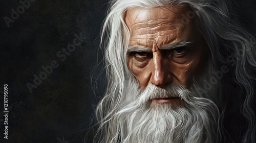 Portrait of a wise old man with flowing white hair, dramatic and moody, high detail, intense gaze, soft shadows