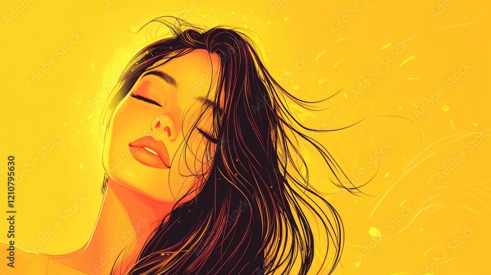 portrait of anime girl with long hair, bright yellow background, cheerful and inviting, hand-drawn and vibrant atmosphere